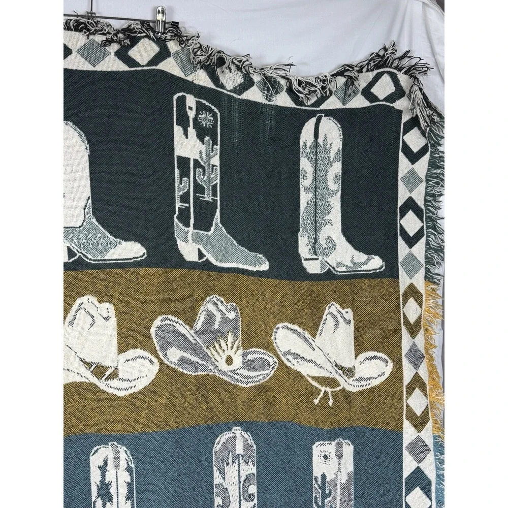 Vintage Western Cowboy Boots Tapestry Afghan Fringe Throw Cowgirl Ranch Decor